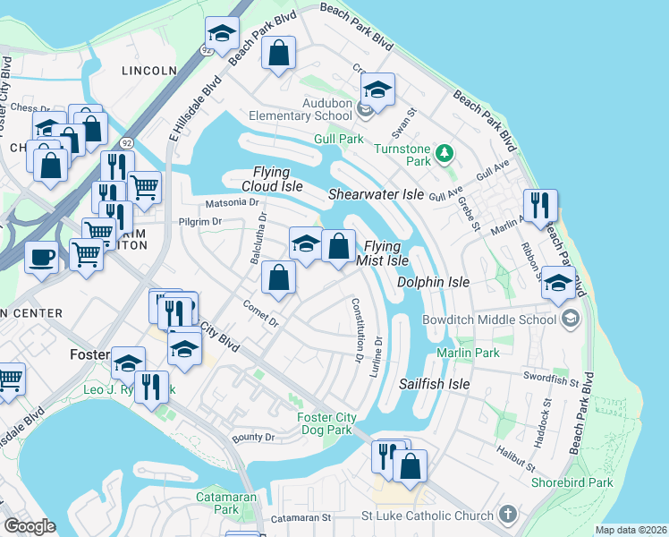 map of restaurants, bars, coffee shops, grocery stores, and more near 786 Niantic Drive in Foster City
