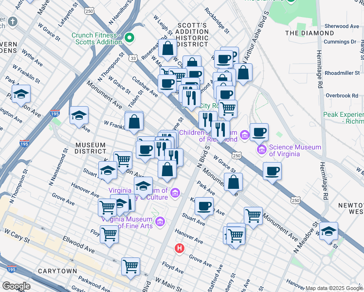 map of restaurants, bars, coffee shops, grocery stores, and more near 2832 Monument Avenue in Richmond