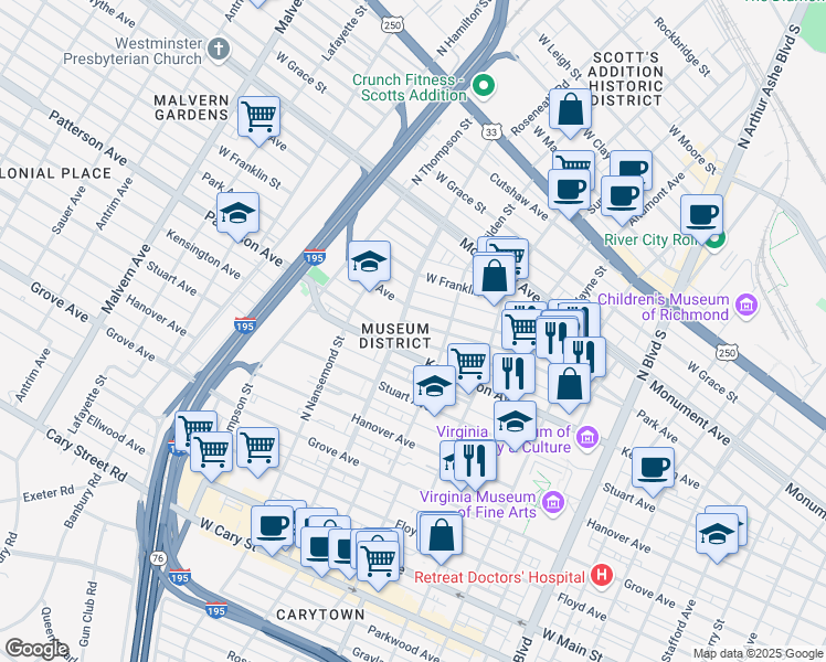 map of restaurants, bars, coffee shops, grocery stores, and more near 3330 Patterson Avenue in Richmond