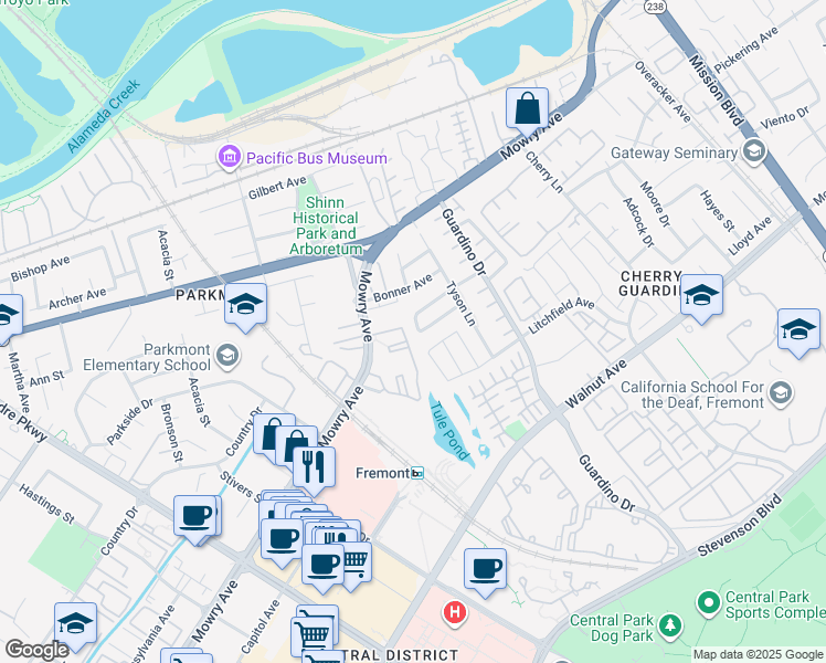 map of restaurants, bars, coffee shops, grocery stores, and more near 38703 Greenwich Circle in Fremont
