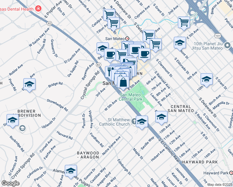 map of restaurants, bars, coffee shops, grocery stores, and more near 2 West 5th Avenue in San Mateo