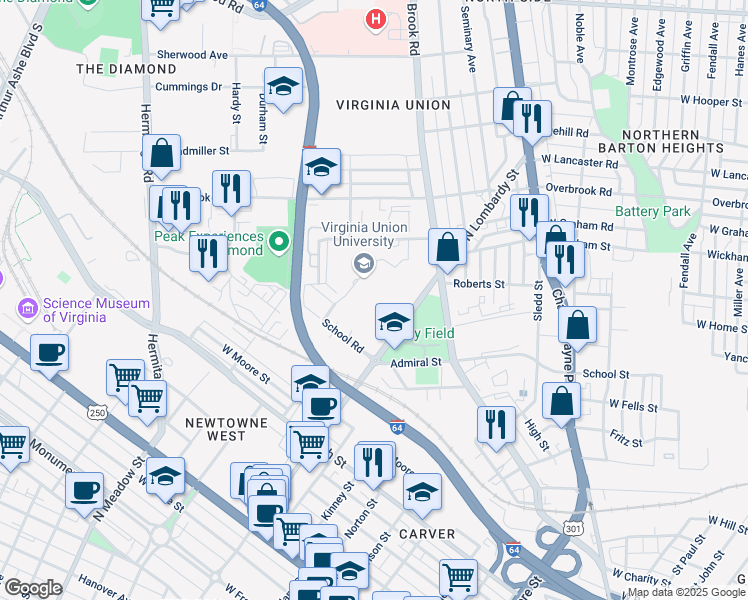 map of restaurants, bars, coffee shops, grocery stores, and more near 1500 North Lombardy Street in Richmond