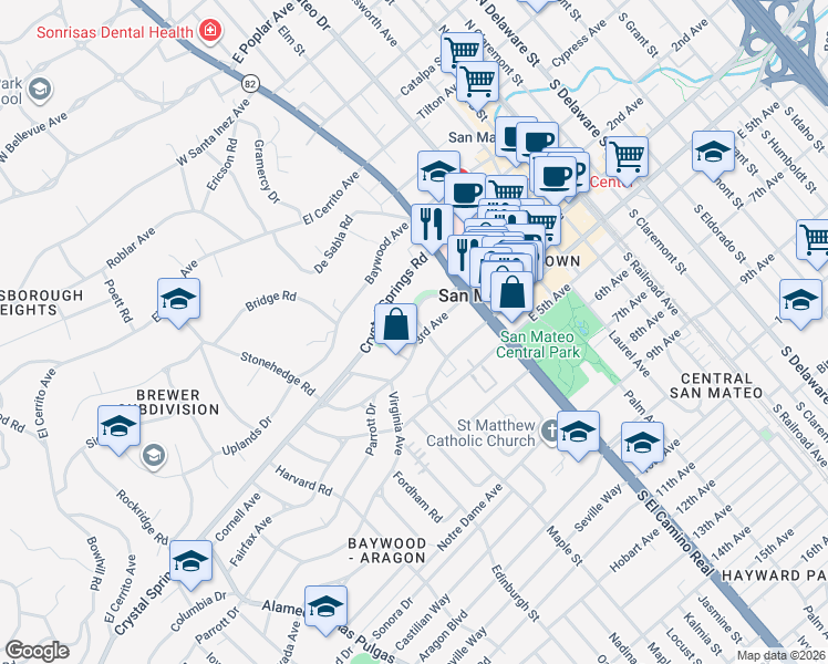 map of restaurants, bars, coffee shops, grocery stores, and more near 110 West 3rd Avenue in San Mateo