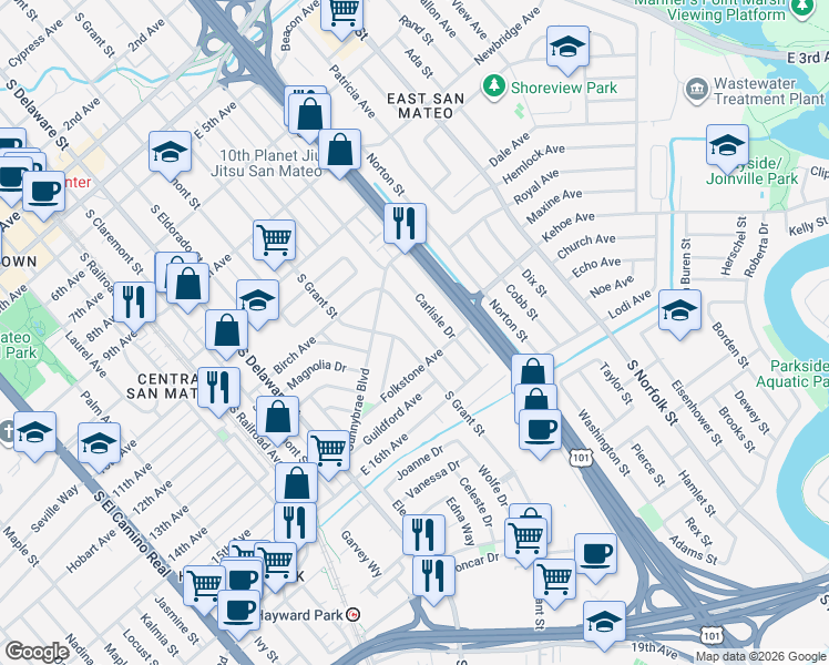 map of restaurants, bars, coffee shops, grocery stores, and more near 1308 Birch Avenue in San Mateo