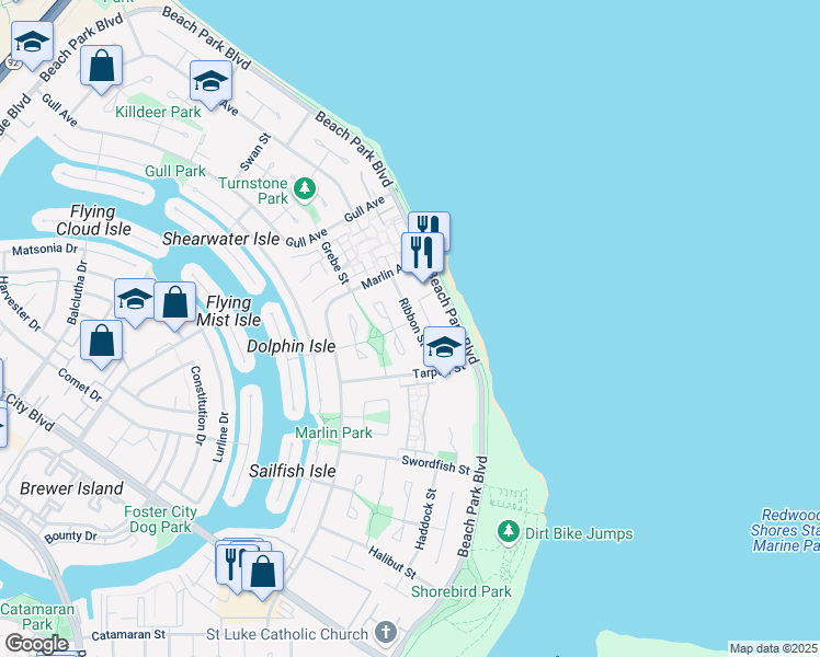 map of restaurants, bars, coffee shops, grocery stores, and more near 1260 Ribbon Street in Foster City