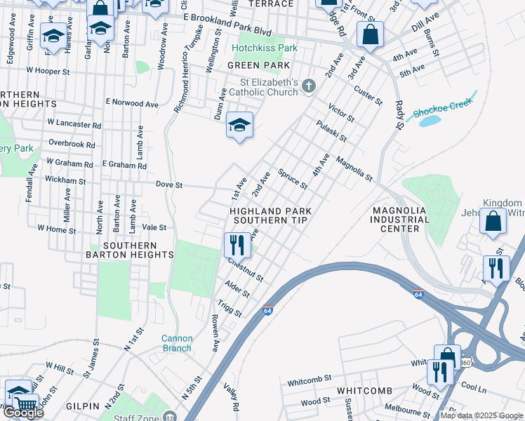 map of restaurants, bars, coffee shops, grocery stores, and more near 2107 2nd Avenue in Richmond