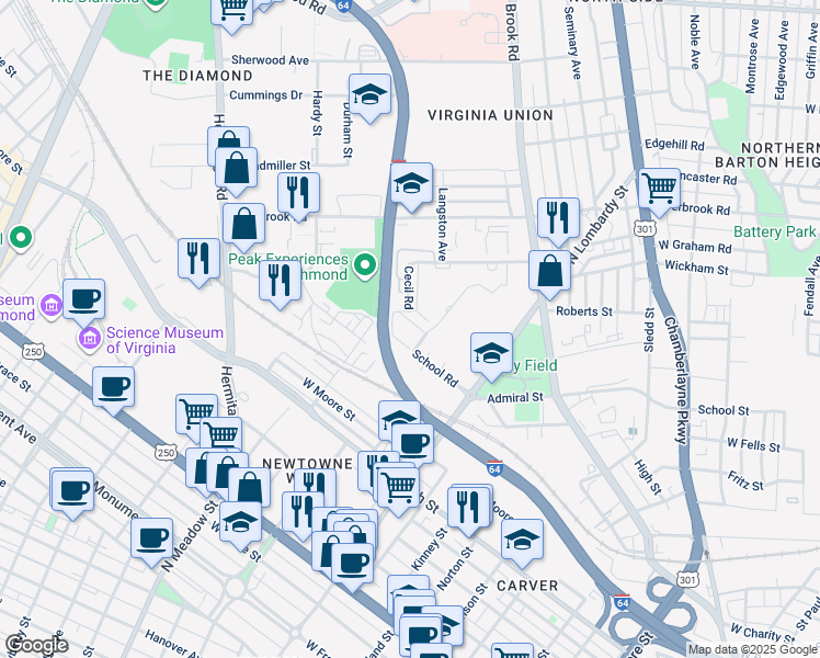 map of restaurants, bars, coffee shops, grocery stores, and more near 1831 Thomas Street in Richmond