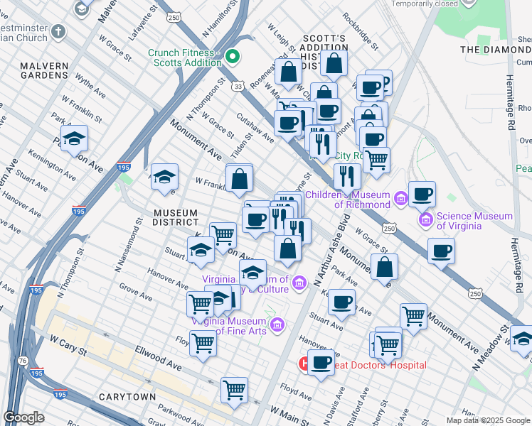 map of restaurants, bars, coffee shops, grocery stores, and more near 3024 Park Avenue in Richmond