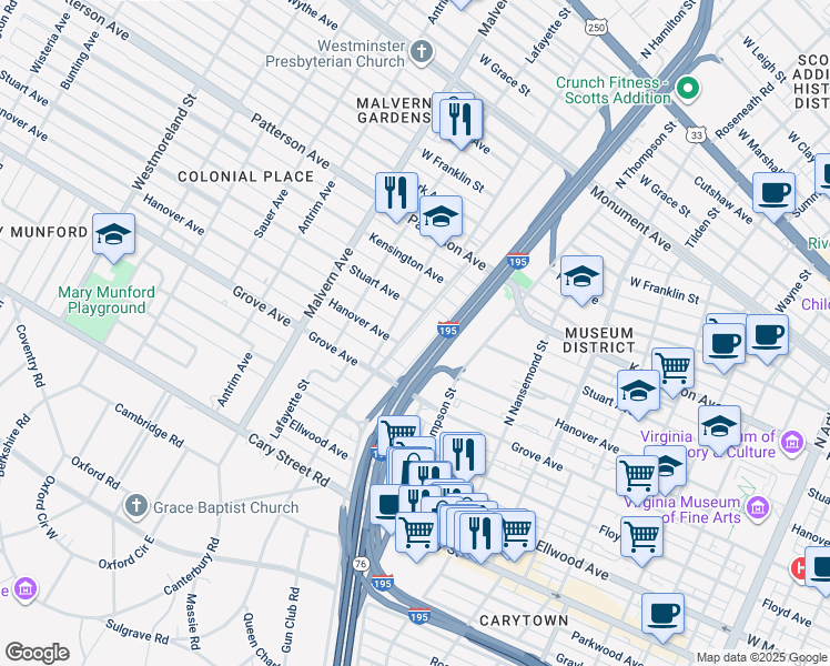 map of restaurants, bars, coffee shops, grocery stores, and more near 405 North Hamilton Street in Richmond