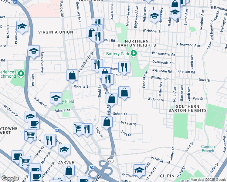 map of restaurants, bars, coffee shops, grocery stores, and more near 711 Dawn Street in Richmond