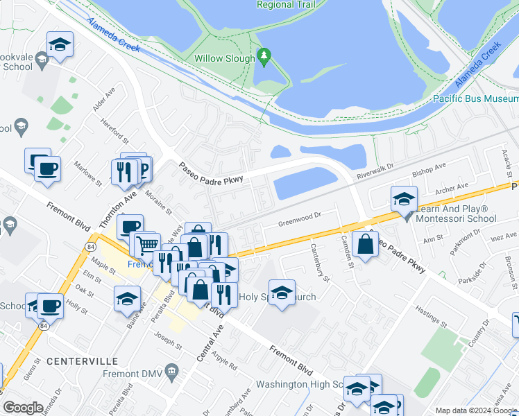 map of restaurants, bars, coffee shops, grocery stores, and more near 3339 Greenwood Drive in Fremont