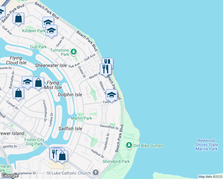 map of restaurants, bars, coffee shops, grocery stores, and more near 1260 Ribbon Street in Foster City