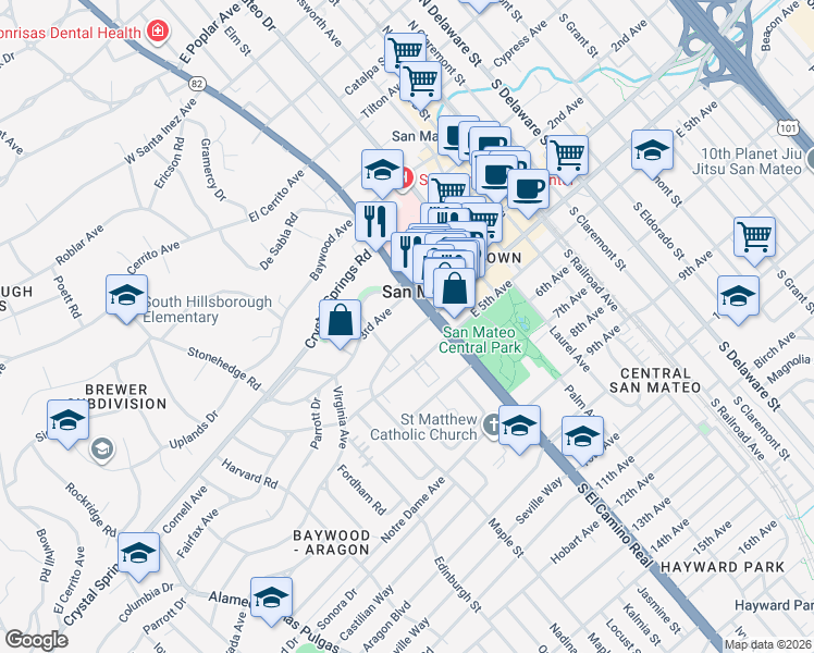 map of restaurants, bars, coffee shops, grocery stores, and more near 46 West 4th Avenue in San Mateo