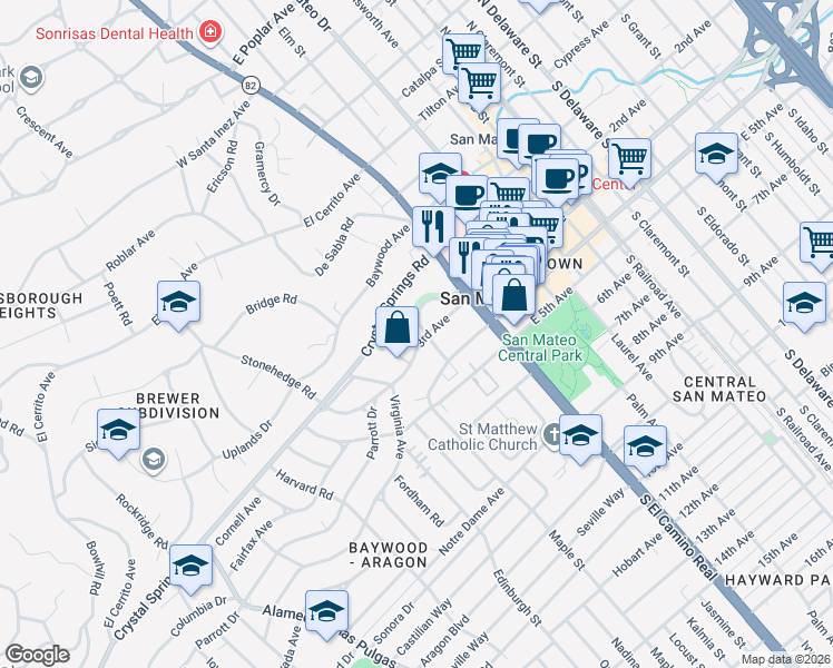 map of restaurants, bars, coffee shops, grocery stores, and more near 110 West 3rd Avenue in San Mateo