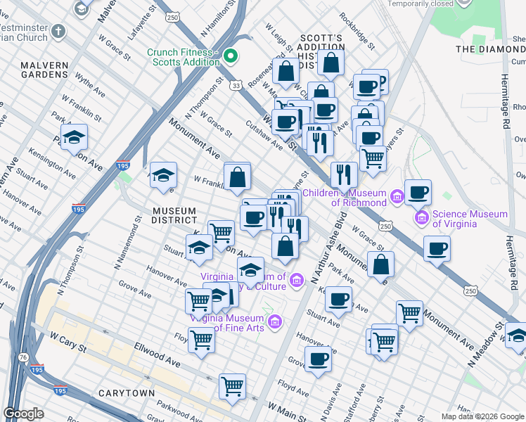 map of restaurants, bars, coffee shops, grocery stores, and more near 3024 Park Avenue in Richmond