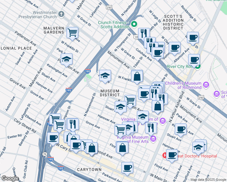 map of restaurants, bars, coffee shops, grocery stores, and more near in Richmond