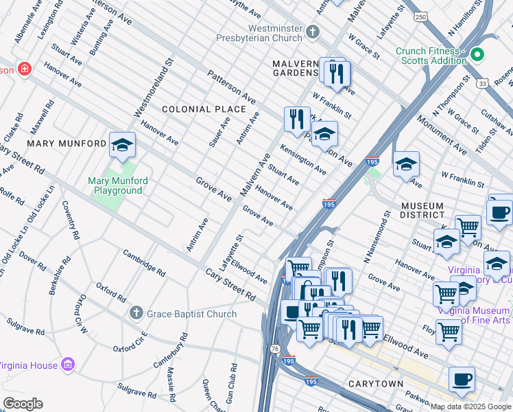 map of restaurants, bars, coffee shops, grocery stores, and more near 3923 Grove Avenue in Richmond