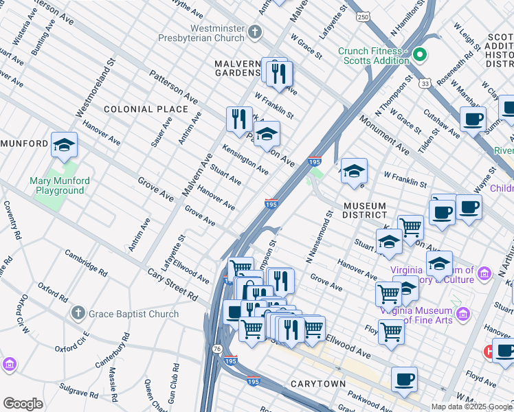 map of restaurants, bars, coffee shops, grocery stores, and more near 407 North Hamilton Street in Richmond
