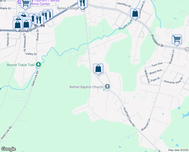 map of restaurants, bars, coffee shops, grocery stores, and more near 732 Scaffold Cane Road in Berea