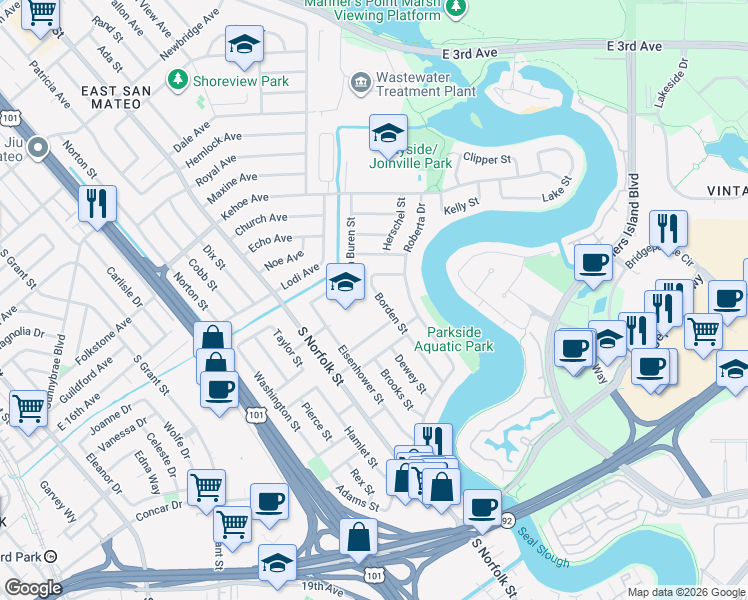 map of restaurants, bars, coffee shops, grocery stores, and more near 1652 Borden Street in San Mateo