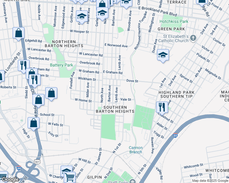 map of restaurants, bars, coffee shops, grocery stores, and more near 2104 Lamb Avenue in Richmond