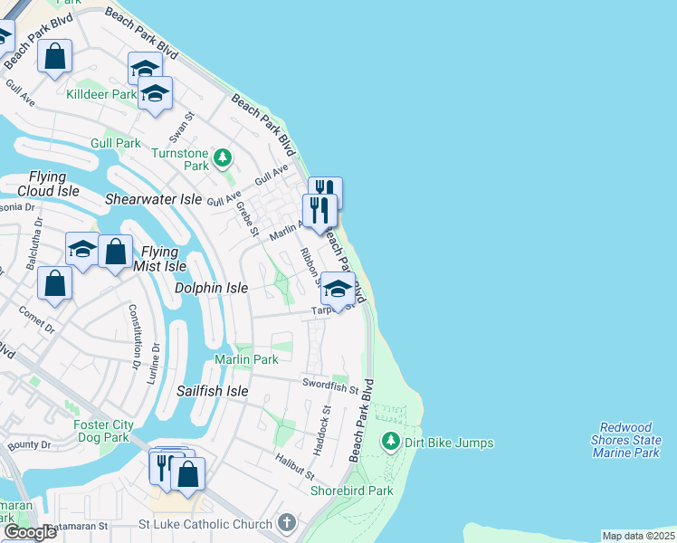 map of restaurants, bars, coffee shops, grocery stores, and more near 1441 Beach Park Boulevard in Foster City