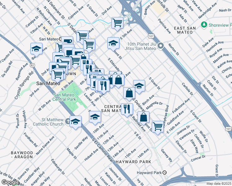 map of restaurants, bars, coffee shops, grocery stores, and more near 926 South Claremont Street in San Mateo