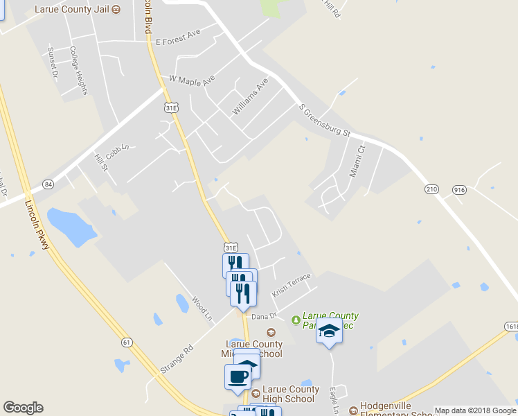 map of restaurants, bars, coffee shops, grocery stores, and more near 224 Woebegona Way in Hodgenville