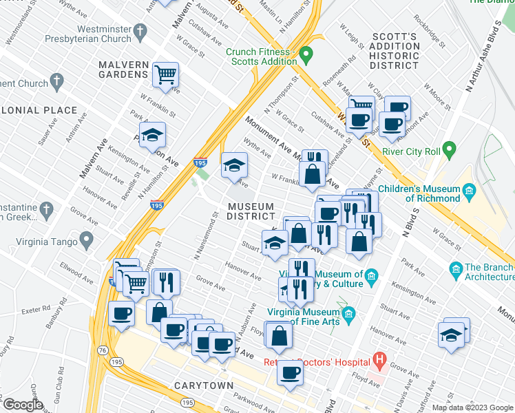 map of restaurants, bars, coffee shops, grocery stores, and more near 607 Roseneath Road in Richmond