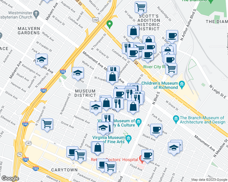 map of restaurants, bars, coffee shops, grocery stores, and more near 3132 Park Avenue in Richmond