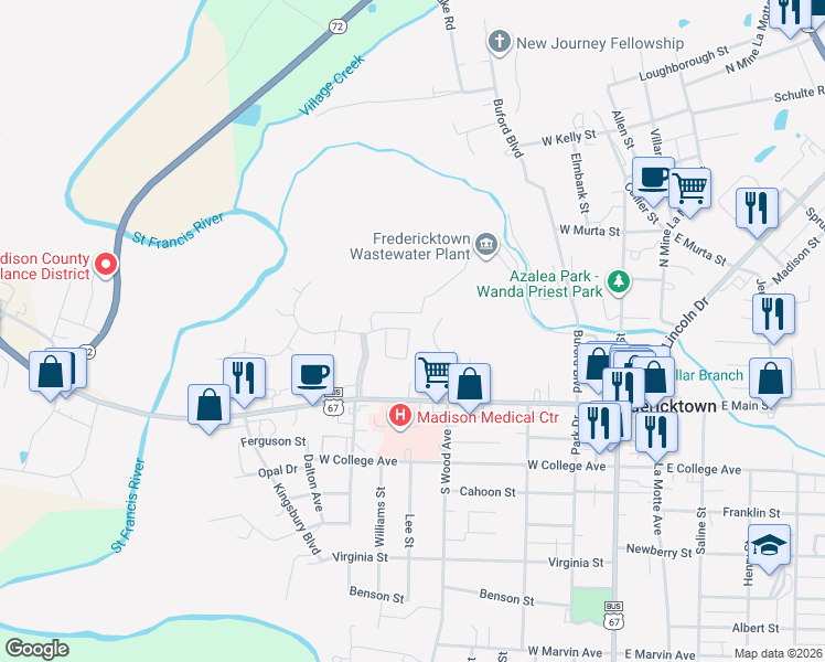 map of restaurants, bars, coffee shops, grocery stores, and more near 116 Meadowbrook Circle in Fredericktown