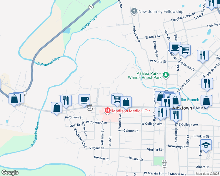 map of restaurants, bars, coffee shops, grocery stores, and more near 100 Meadowbrook Circle in Fredericktown