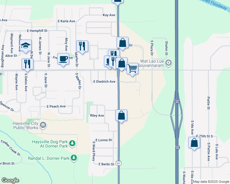 map of restaurants, bars, coffee shops, grocery stores, and more near 7335 U.S. 81 in Haysville