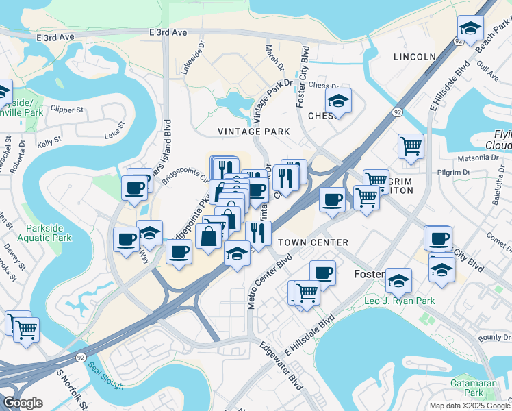 map of restaurants, bars, coffee shops, grocery stores, and more near in Foster City