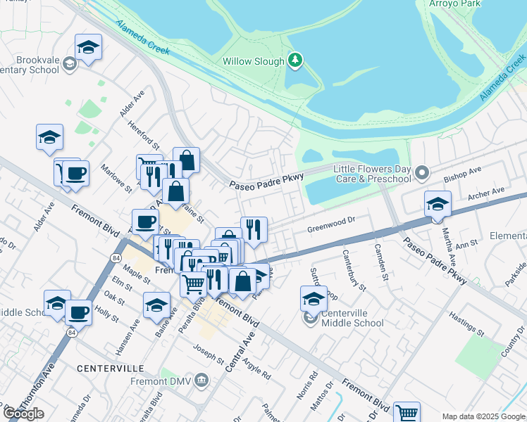 map of restaurants, bars, coffee shops, grocery stores, and more near 3299 Foxtail Terrace in Fremont