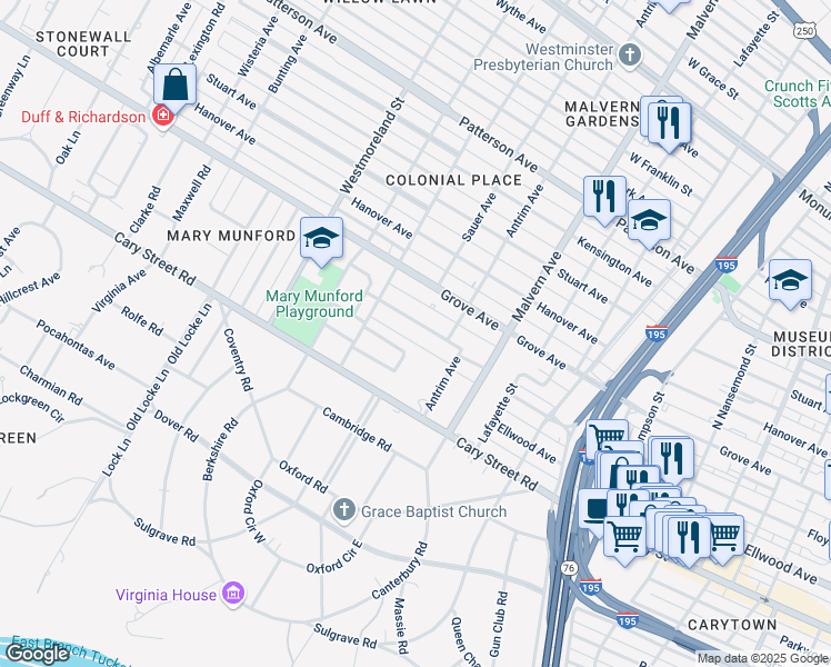 map of restaurants, bars, coffee shops, grocery stores, and more near 4300 North Ashlawn Drive in Richmond