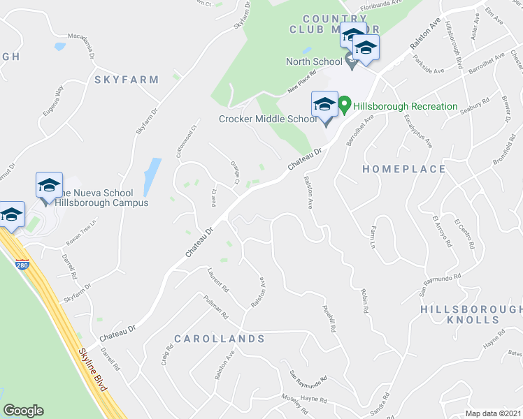 map of restaurants, bars, coffee shops, grocery stores, and more near 3000 Ralston Avenue in Hillsborough