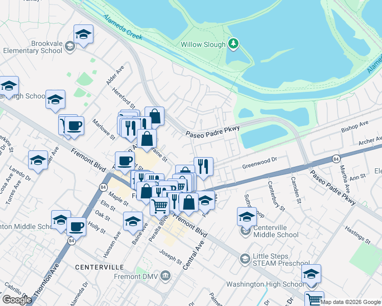 map of restaurants, bars, coffee shops, grocery stores, and more near 3518 Buttonwood Terrace in Fremont