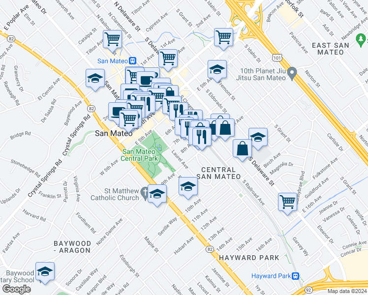 map of restaurants, bars, coffee shops, grocery stores, and more near 225 9th Avenue in San Mateo