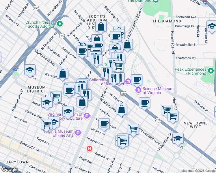 map of restaurants, bars, coffee shops, grocery stores, and more near 803 North Arthur Ashe Boulevard in Richmond