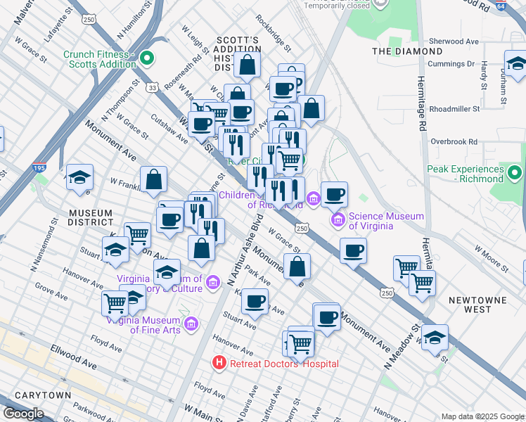 map of restaurants, bars, coffee shops, grocery stores, and more near 803 North Arthur Ashe Boulevard in Richmond
