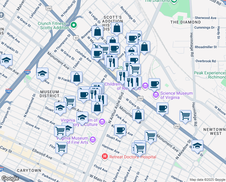 map of restaurants, bars, coffee shops, grocery stores, and more near 2816 Monument Avenue in Richmond