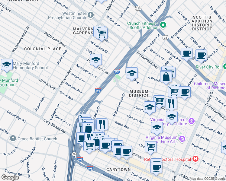 map of restaurants, bars, coffee shops, grocery stores, and more near in Richmond