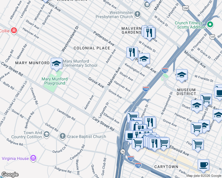 map of restaurants, bars, coffee shops, grocery stores, and more near 3923 Grove Avenue in Richmond
