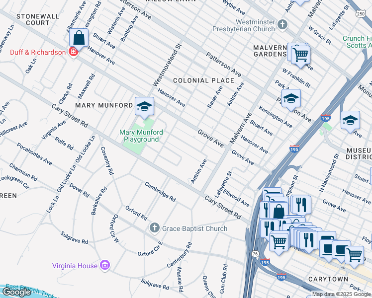 map of restaurants, bars, coffee shops, grocery stores, and more near 4300 North Ashlawn Drive in Richmond