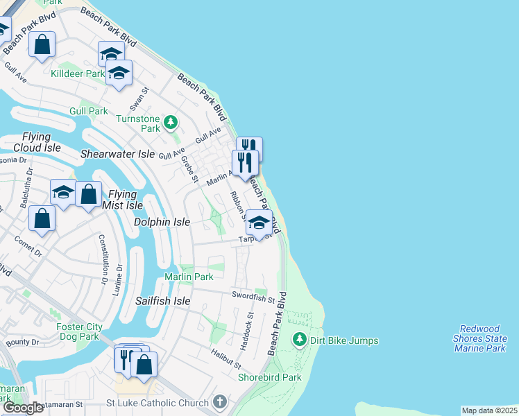 map of restaurants, bars, coffee shops, grocery stores, and more near 1431 Beach Park Boulevard in Foster City