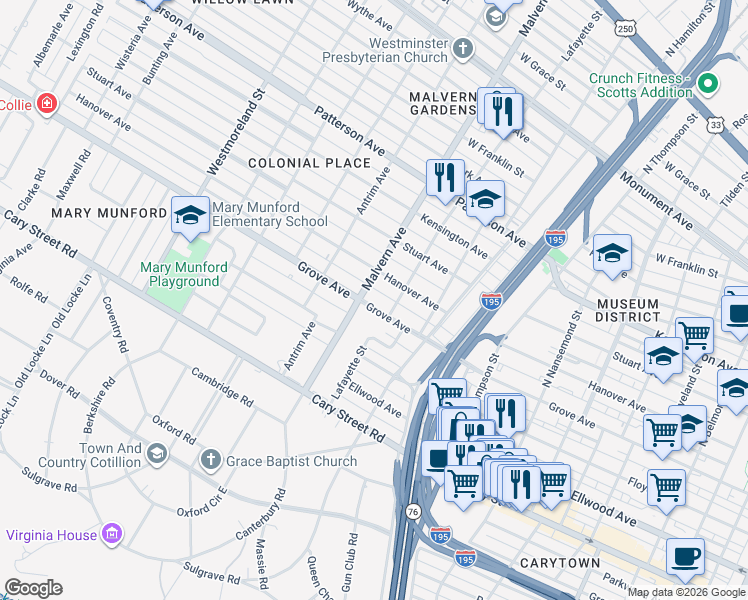 map of restaurants, bars, coffee shops, grocery stores, and more near 3923 Grove Avenue in Richmond