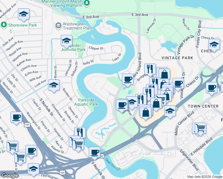 map of restaurants, bars, coffee shops, grocery stores, and more near 2279 Armada Way in San Mateo