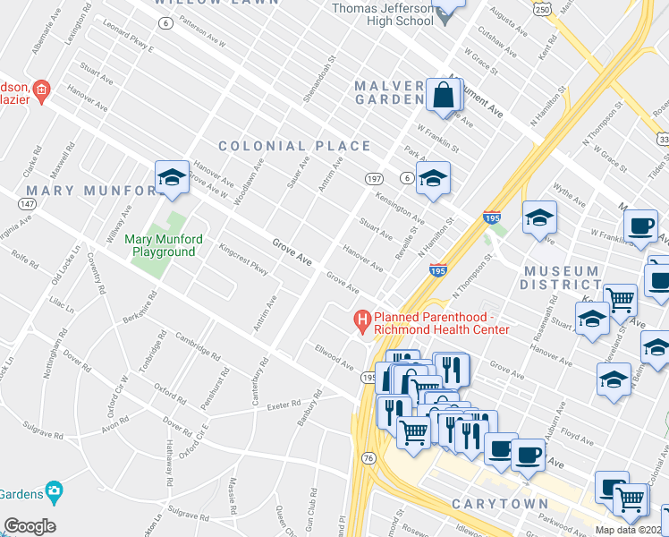 map of restaurants, bars, coffee shops, grocery stores, and more near 4008 Grove Avenue in Richmond
