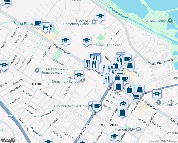map of restaurants, bars, coffee shops, grocery stores, and more near 36558 Oak Street in Fremont